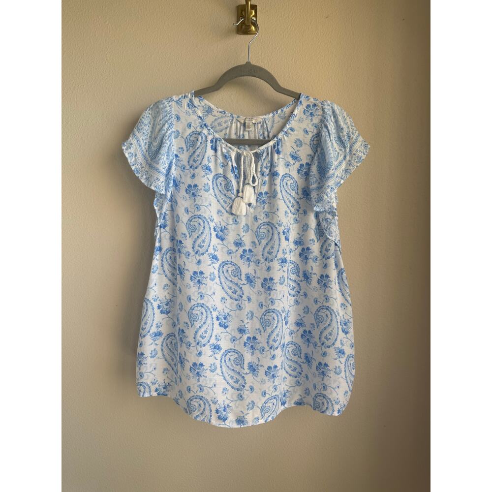 Blue and White Floral Paisley Lucky Brand Blouse - Size Large
